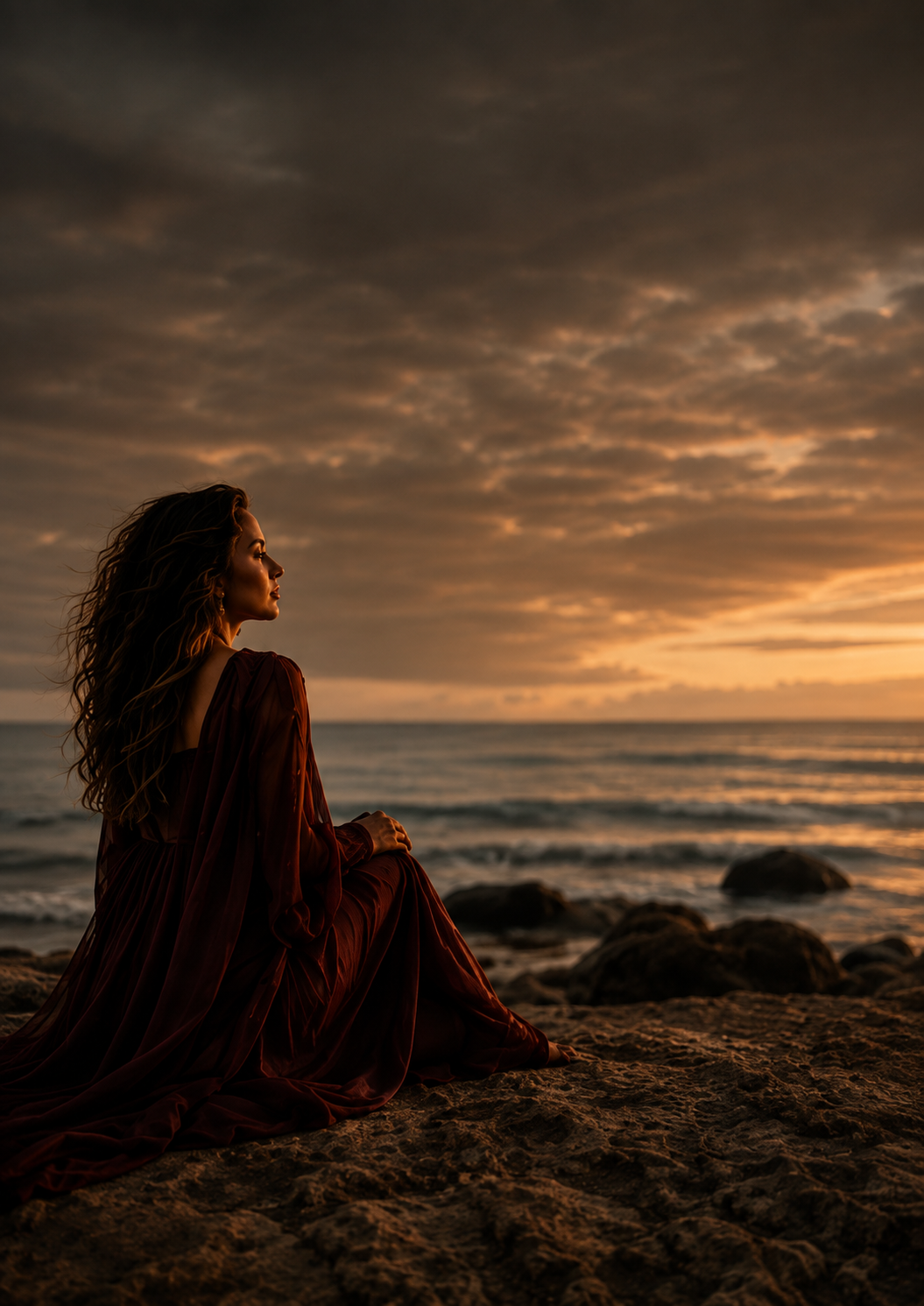 Woman seated on a rocky shore at dusk