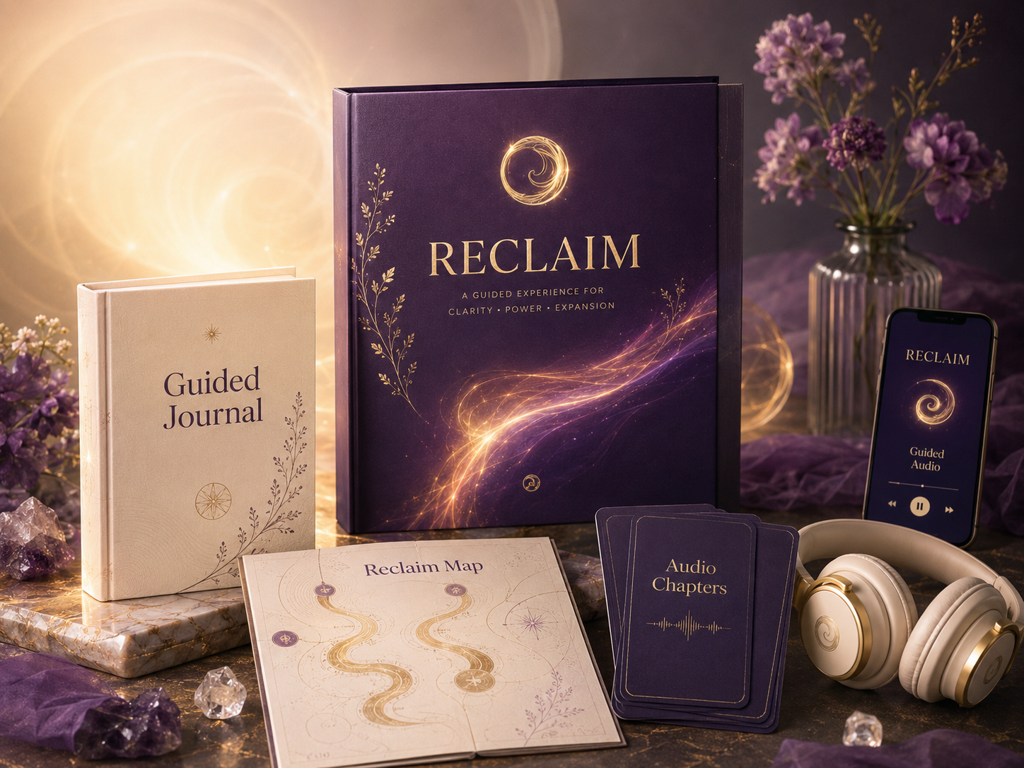 The RECLAIM bundle: box, journal, map, chapter cards and the audio on a phone