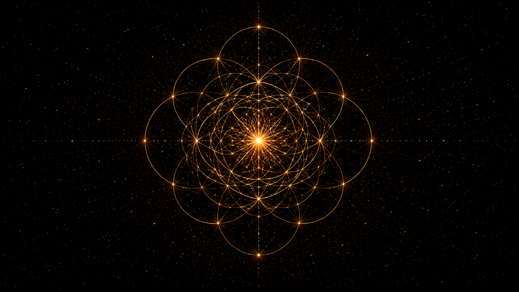 A gold sacred-geometry bloom of overlapping circles on a starfield