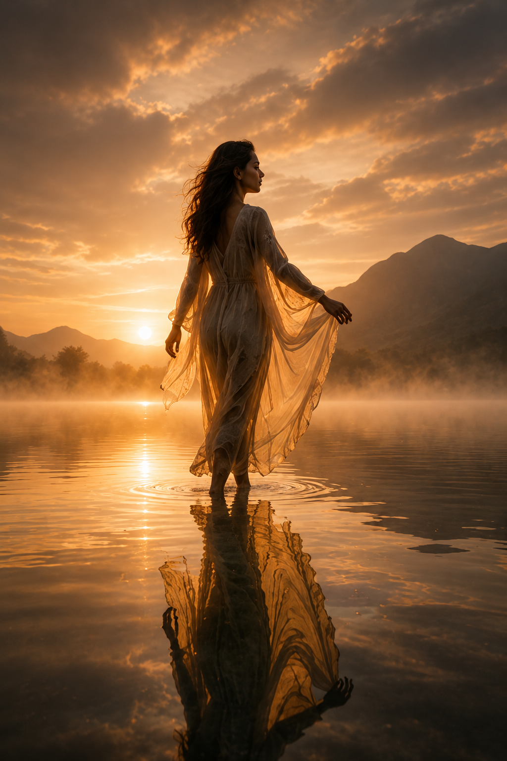 Woman standing in still golden water at sunrise