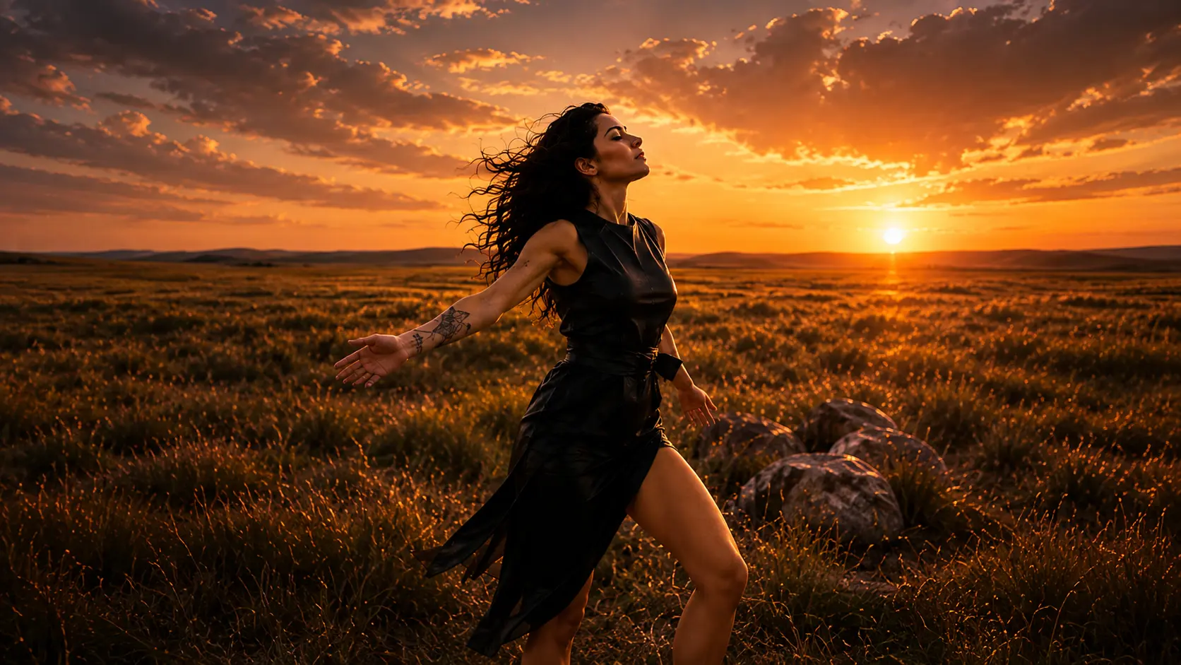 A woman opening her arms in a wild field at sunset