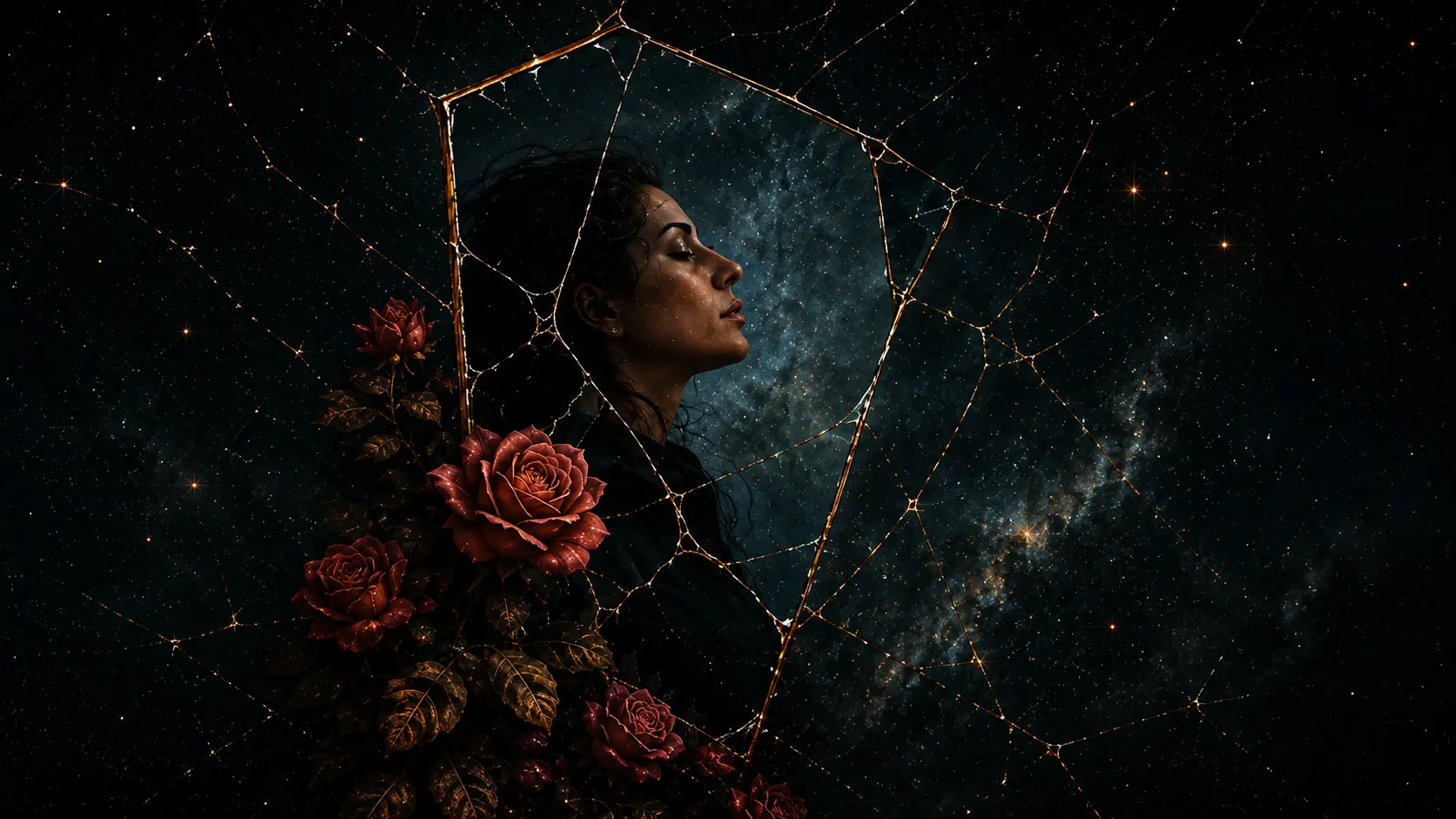 A woman's profile held inside a fractured constellation of gold lines and roses