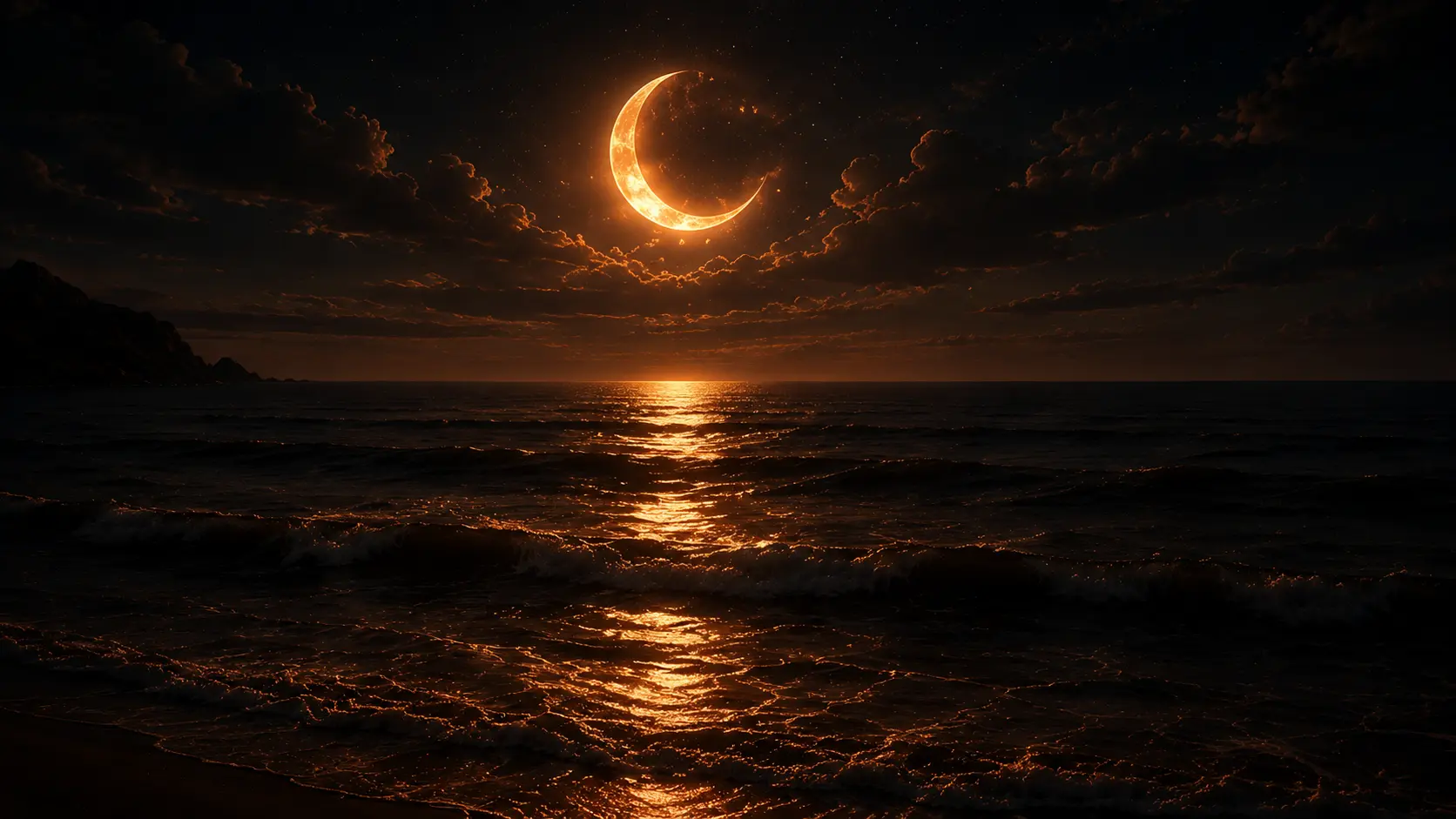 A gold crescent moon over a dark ocean with a burning path of reflected light
