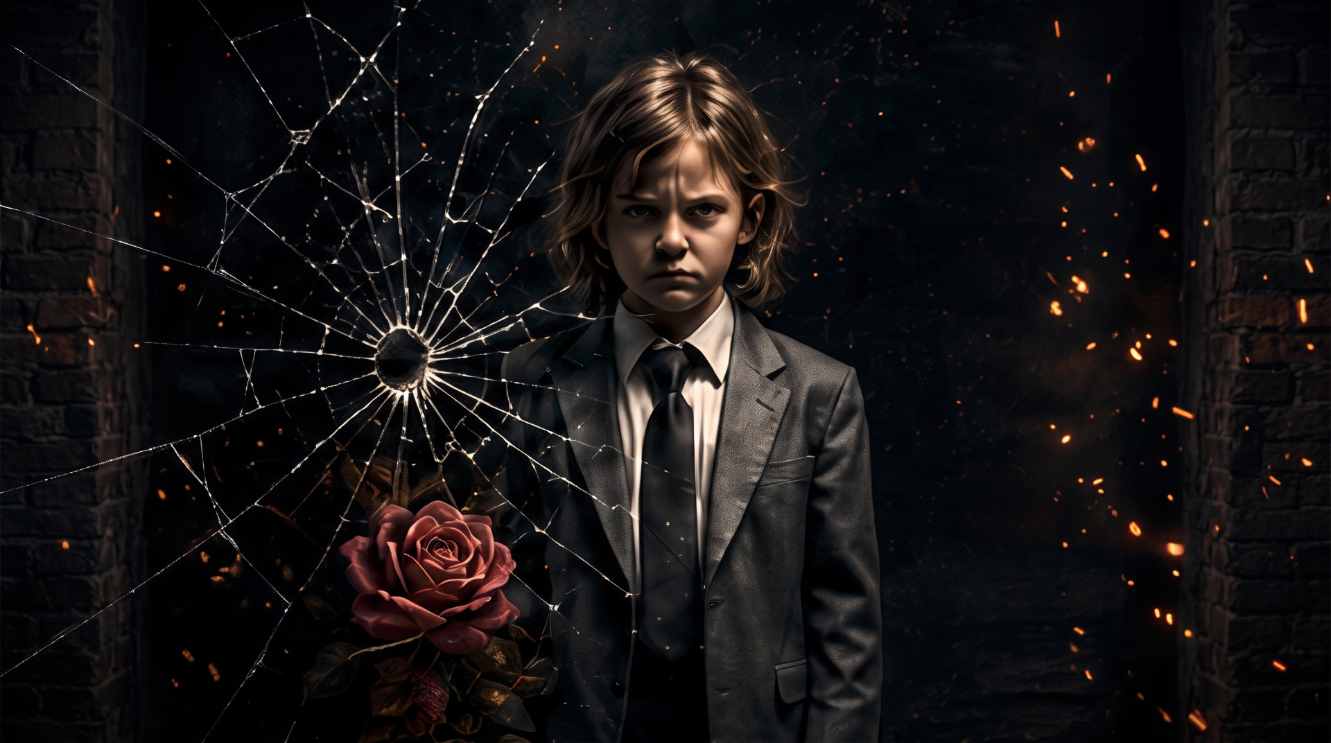 A child in a suit beside a shattered mirror and a red rose