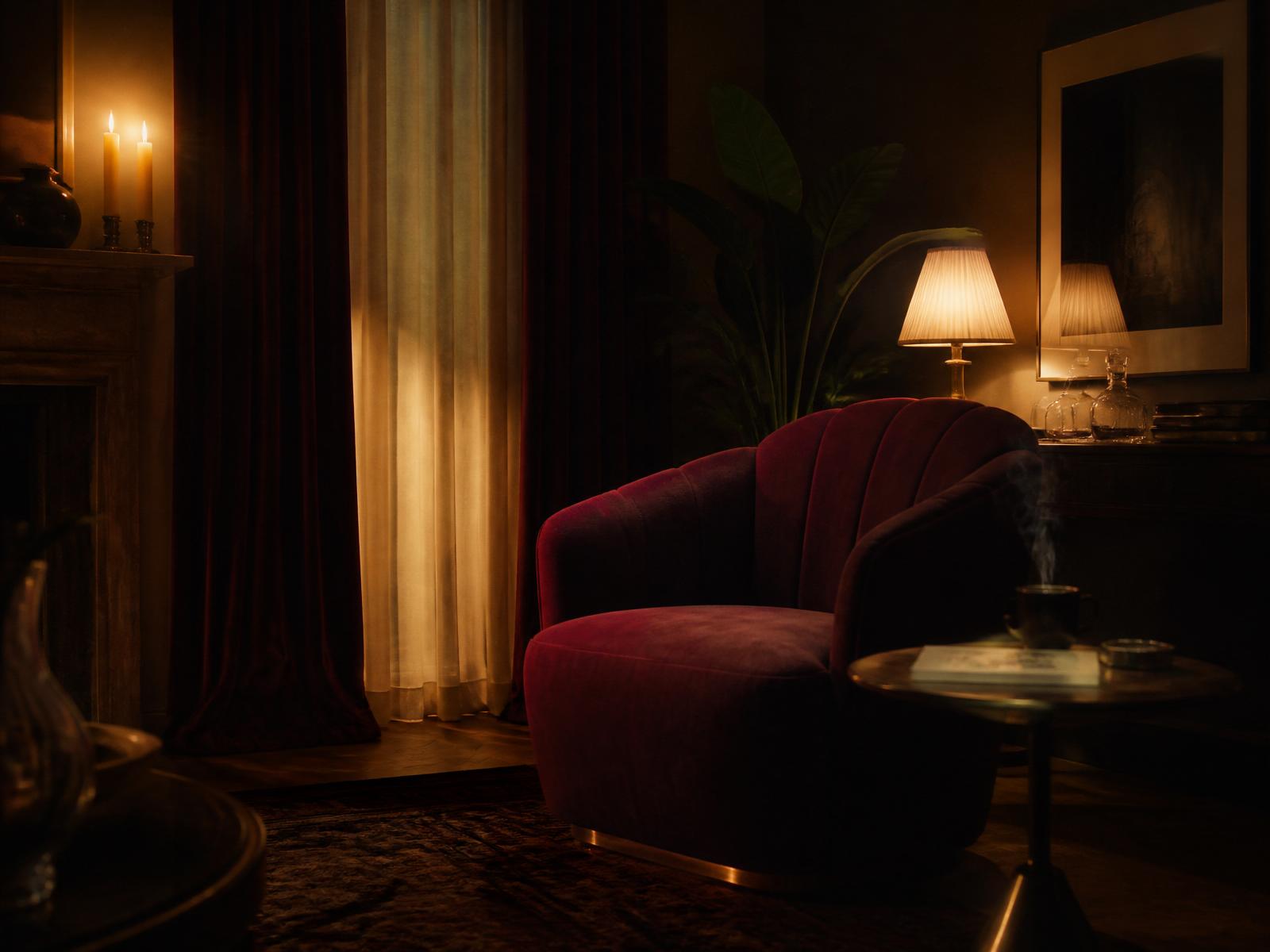 Warmly-lit interior with velvet armchair, candles, and soft lamp
